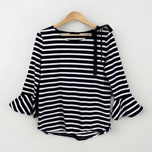 Etam Weekend Shirt M/L‎ Navy Stripe Tie Shoulder Bell Sleeve French Girl Preppy